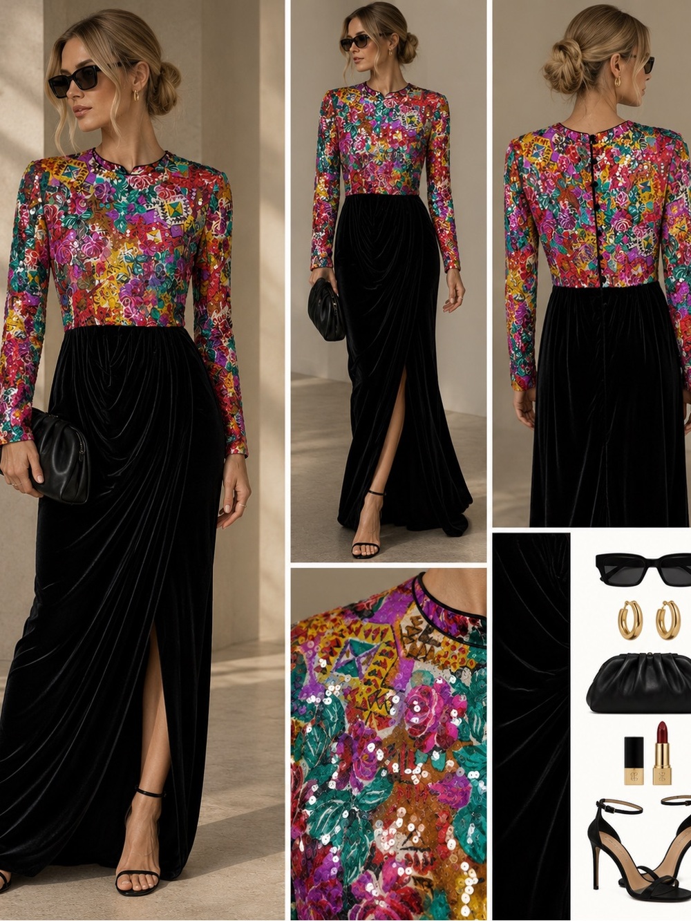 Vintage Sequin Floral Velvet Maxi Dress 80s 90s Statement Evening Dress